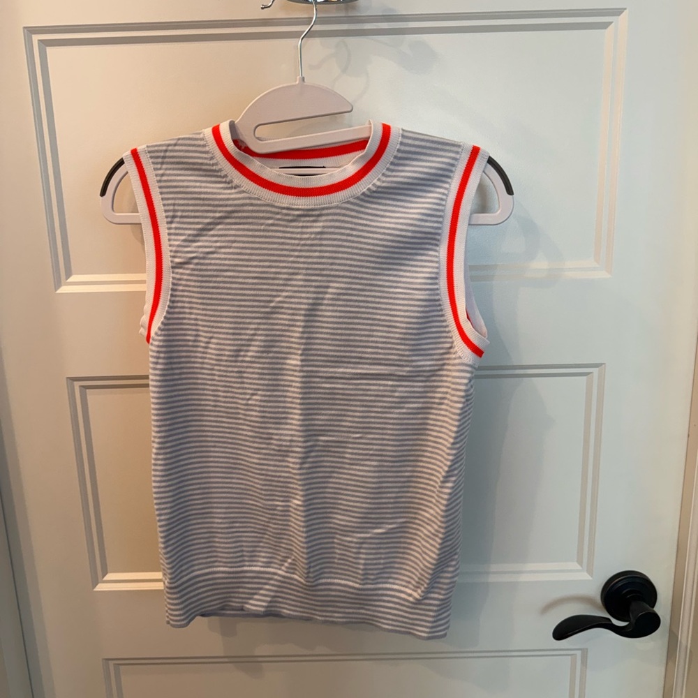 J. Crew White and Blue Striped Top with Orange Trim